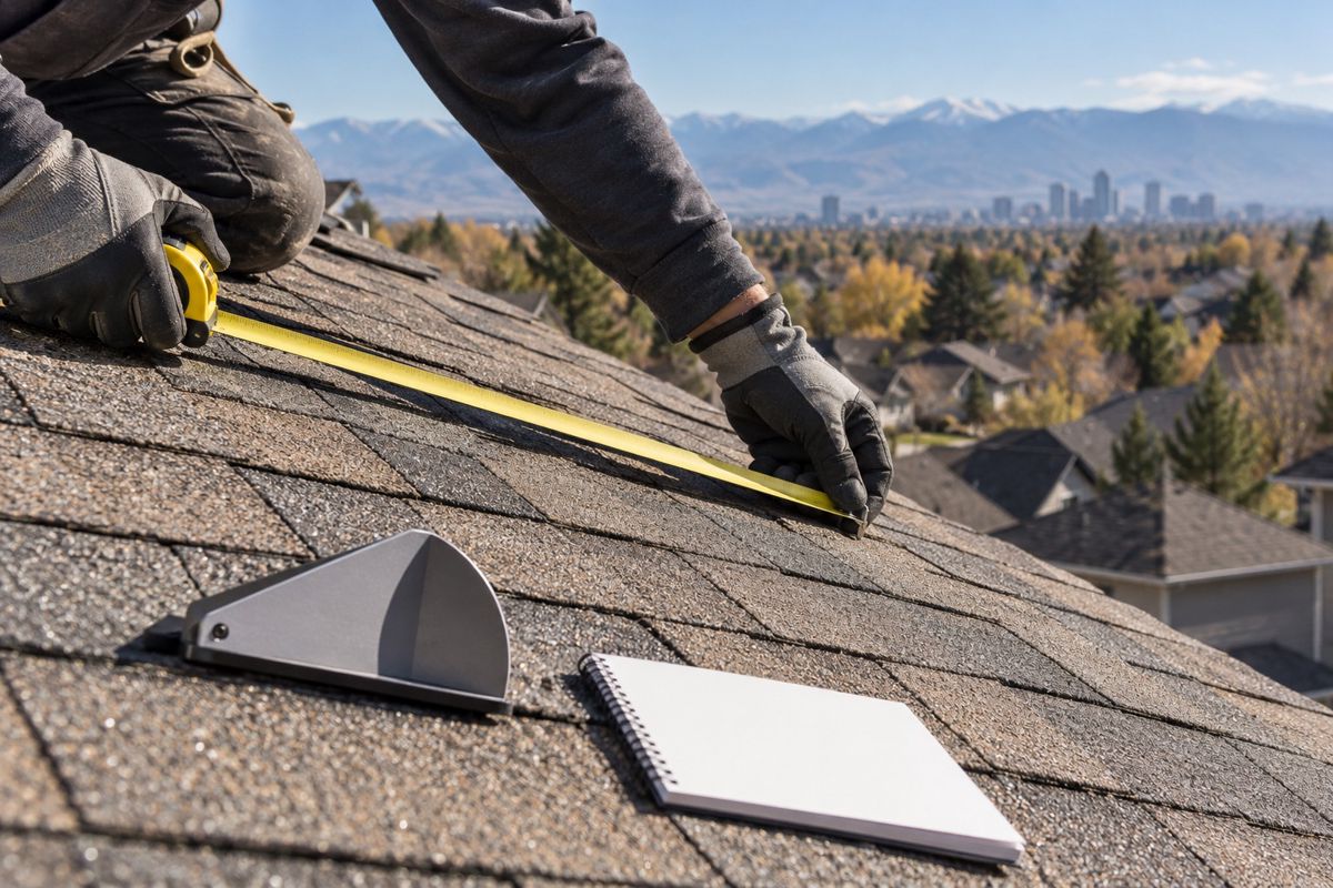 Roofer measuring a shingle roof slope with a tape measure