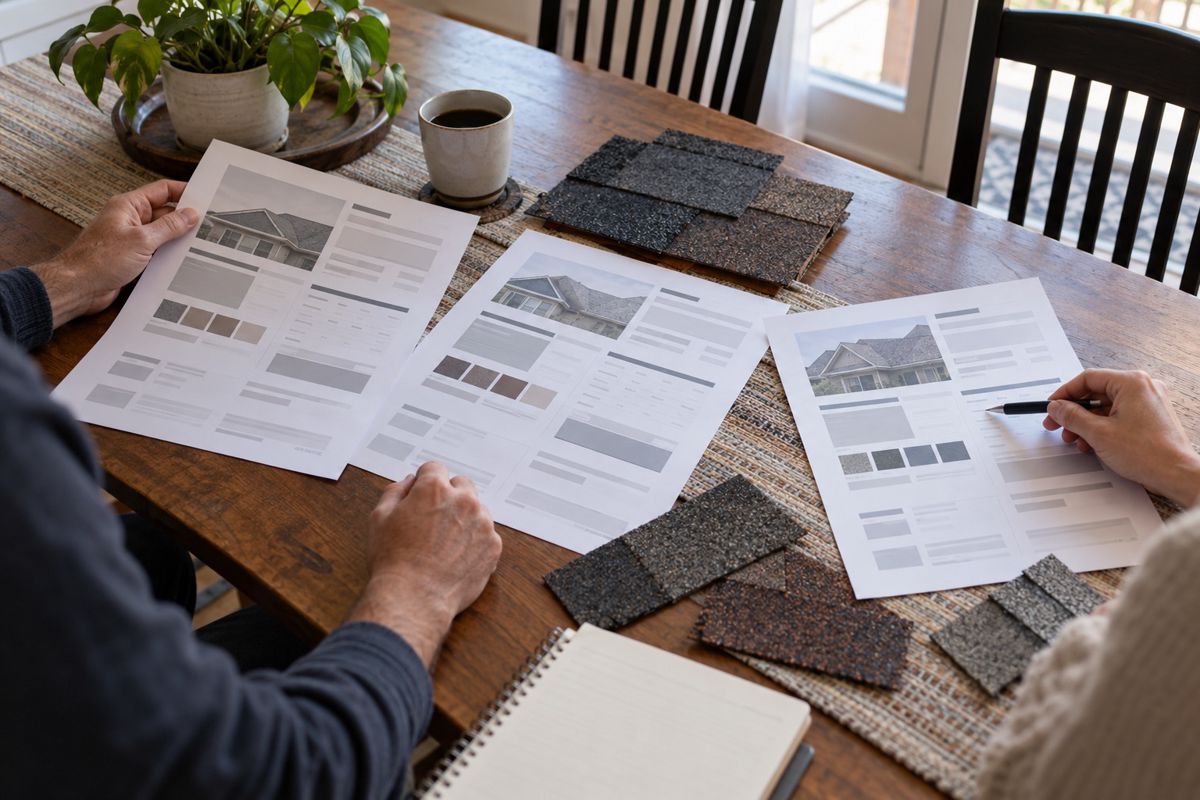 Several roofing quotes and shingle samples spread on a kitchen table