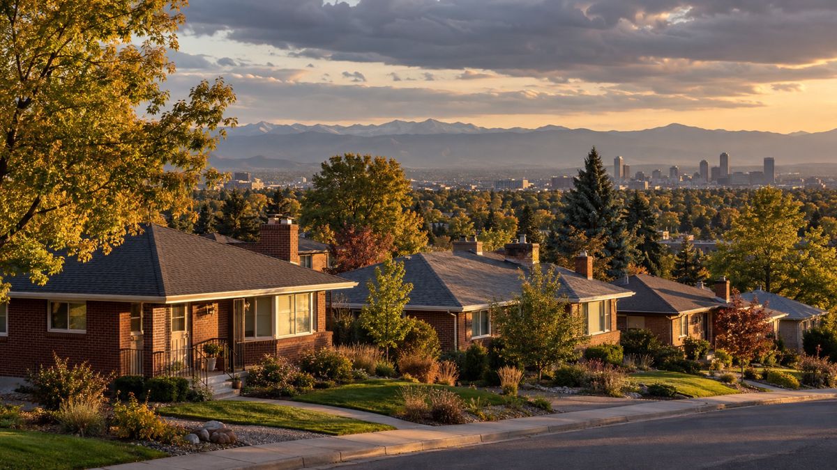 Denver neighborhood rooftops at golden hour with mountains in the distance