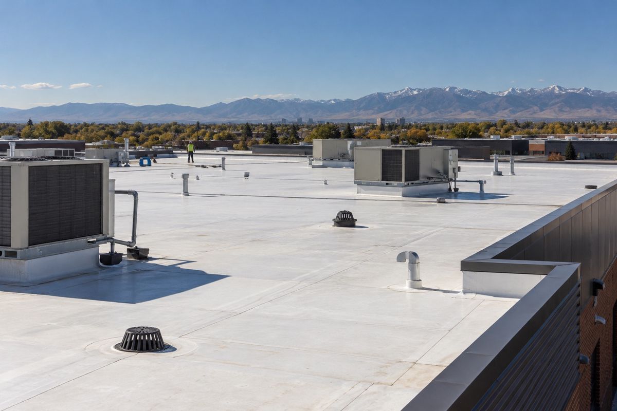 Flat white membrane roof with rooftop units on a commercial building