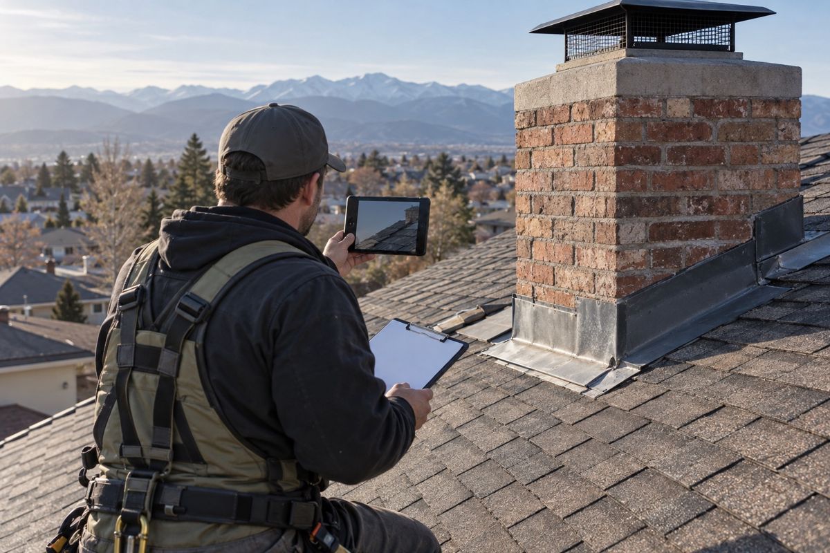Inspector checking chimney flashing on a Denver home's shingle roof