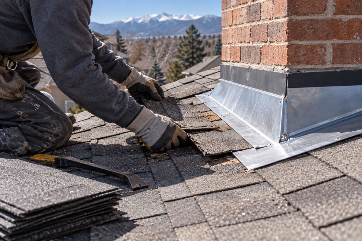 Gloved hands replacing cracked shingles beside a chimney flashing