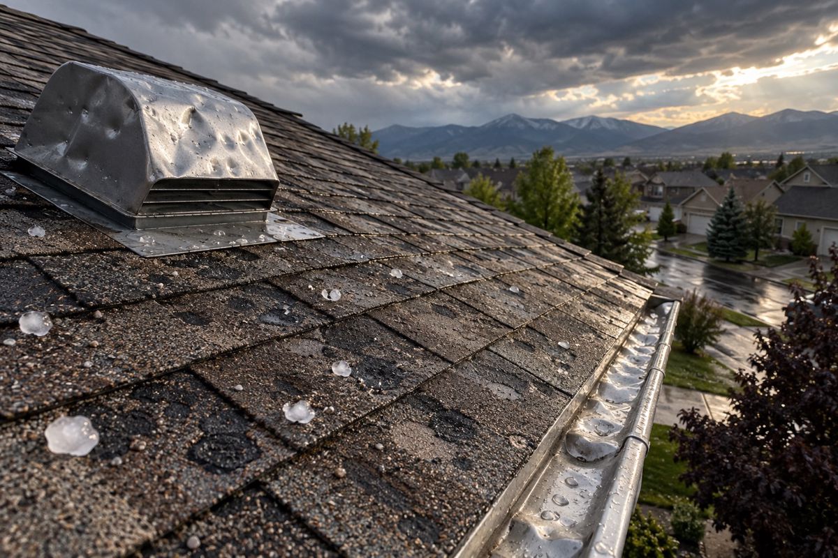 Hail-bruised shingles and a dented roof vent after a Denver storm